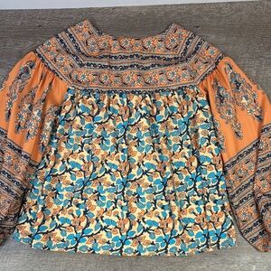 🌿 MISSLOOK Boho Floral Peasant Blouse – Size S – Peach & Turquoise